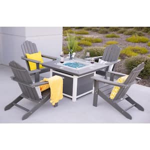 Park City 42 in. Two-Tone Gray Square Top Fire Pit, 5-Piece Plastic Patio Conversation Set with Gray Marina Chairs