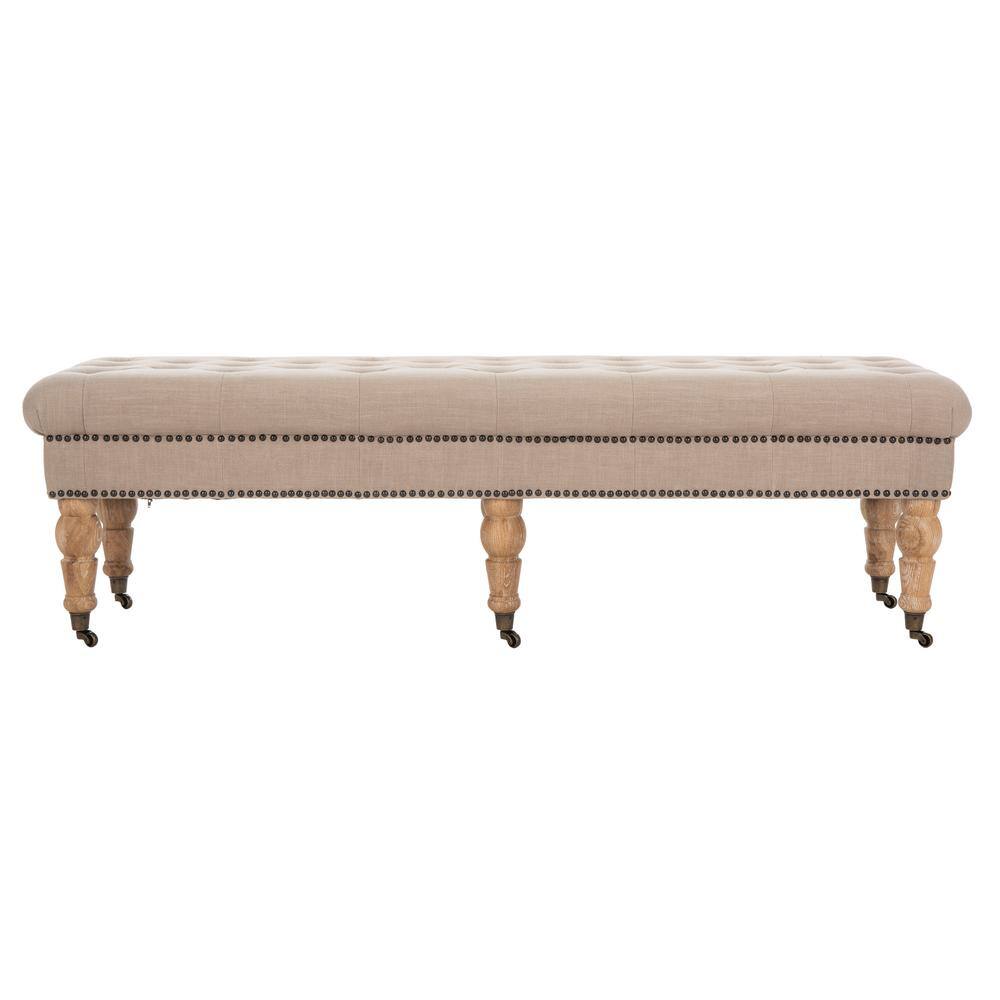 Taupe Linen-Poly Blend Bench with Turned Oak Legs