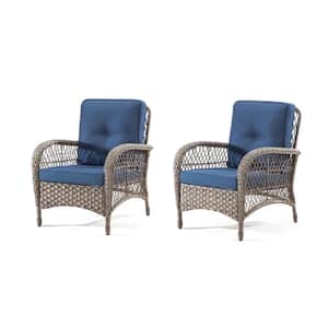 Wicker Outdoor Lounge Chair with Blue Cushion, Ergonomically Designed (2-Pack)