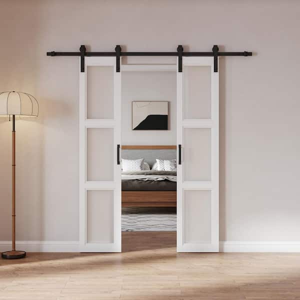 48 in. x 84 in. 3-Lite Tempered Frosted Glass Bright White Finished MDF Barn Door Slab with Hardware