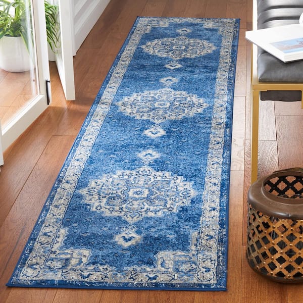 Brentwood 2 ft. x 9 ft. Ivory/Navy Ornate Medallion Runner Rug