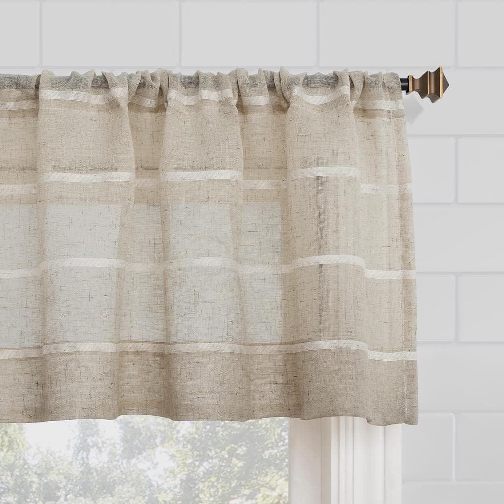 Natural Linen Striped Sheer Kitchen Tier Curtains, 52x36