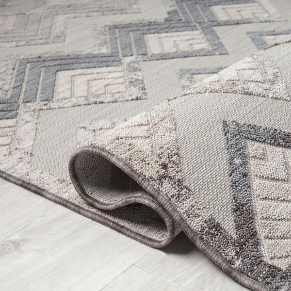 Blue, Ivory 8 ft. x 9 ft. Woven Chevron PET Polyester Rectangle Indoor/Outdoor Area Rug