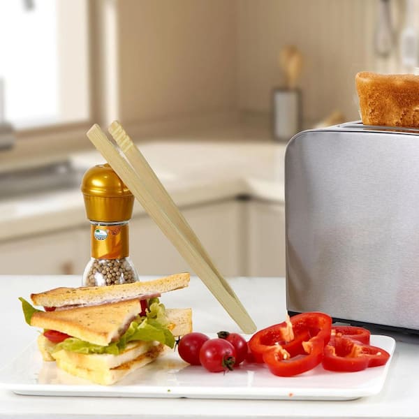 Natural Bamboo Finish Toast Tongs 10.2 in. Non-slip Kitchen Accessory for Toaster Bread Salad Grilling 2-Pack