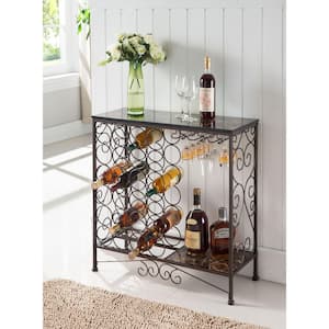 SignatureHome 12 in. L Bronze Finish Top Material Wood Marble Shape Rectangle Console Table with 24-bottle holders
