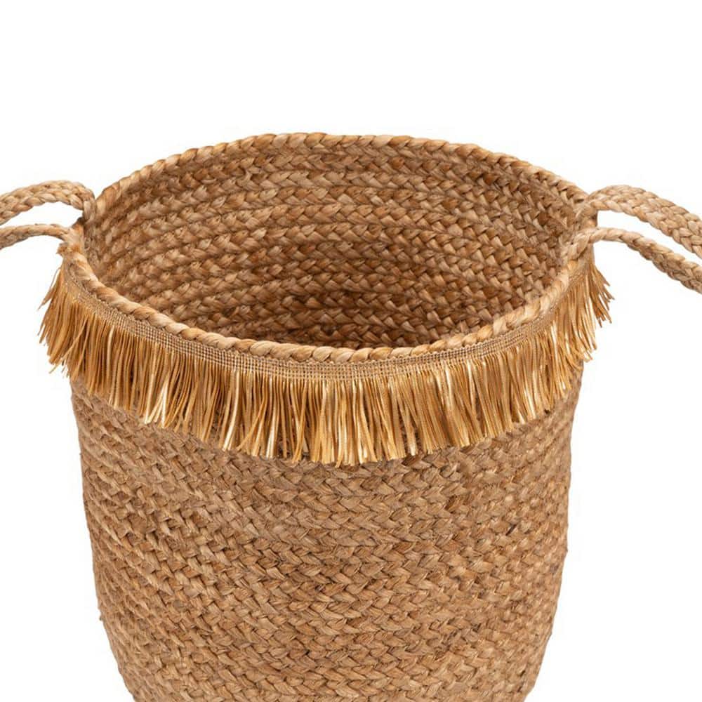 Braided Jute Round Storage Basket with Fringe Detail (17"x15")