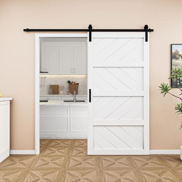 EH PUERTA 42 in. x 84 in. White 4 Lite Wave Pattern Finished MDF Sliding Barn Door with Hardware Kit and Soft Close