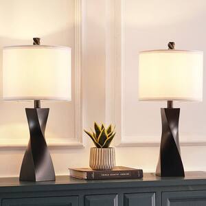 23 .5 in. Black Table Lamp with White Linen Shade, 9.5-Watt LED Bulbs Included (Set of 2)