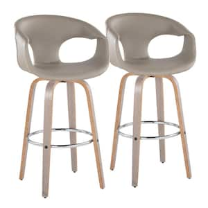 Curva 29.25 in. Lt Grey Faux Leather, Lt Grey Wood and Chrome Metal Fixed-Height Bar Stool Round Footrest (Set of 2)