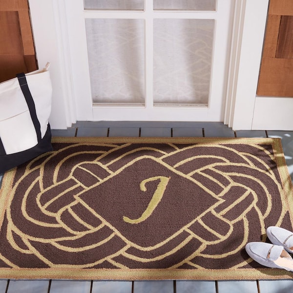 Monogram Chocolate 3 ft. x 4 ft. "J" Ornate Swirl Indoor/Outdoor Area Rug