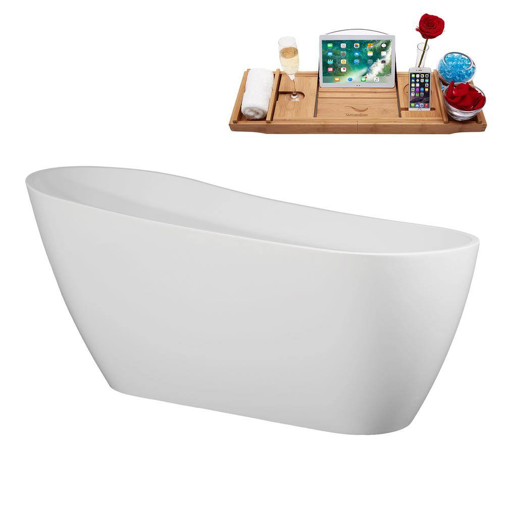 67" Glossy White Acrylic Freestanding Soaking Bathtub with Bamboo Tray