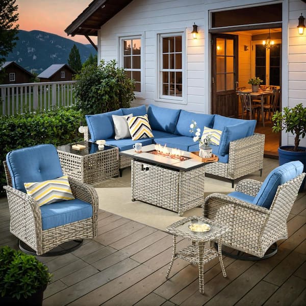 OVIOS Vinceny Gray 9-Piece Wicker Patio Rectangle Fire Pit Conversation Set with Diamond Blue Cushions and Swivel Chairs