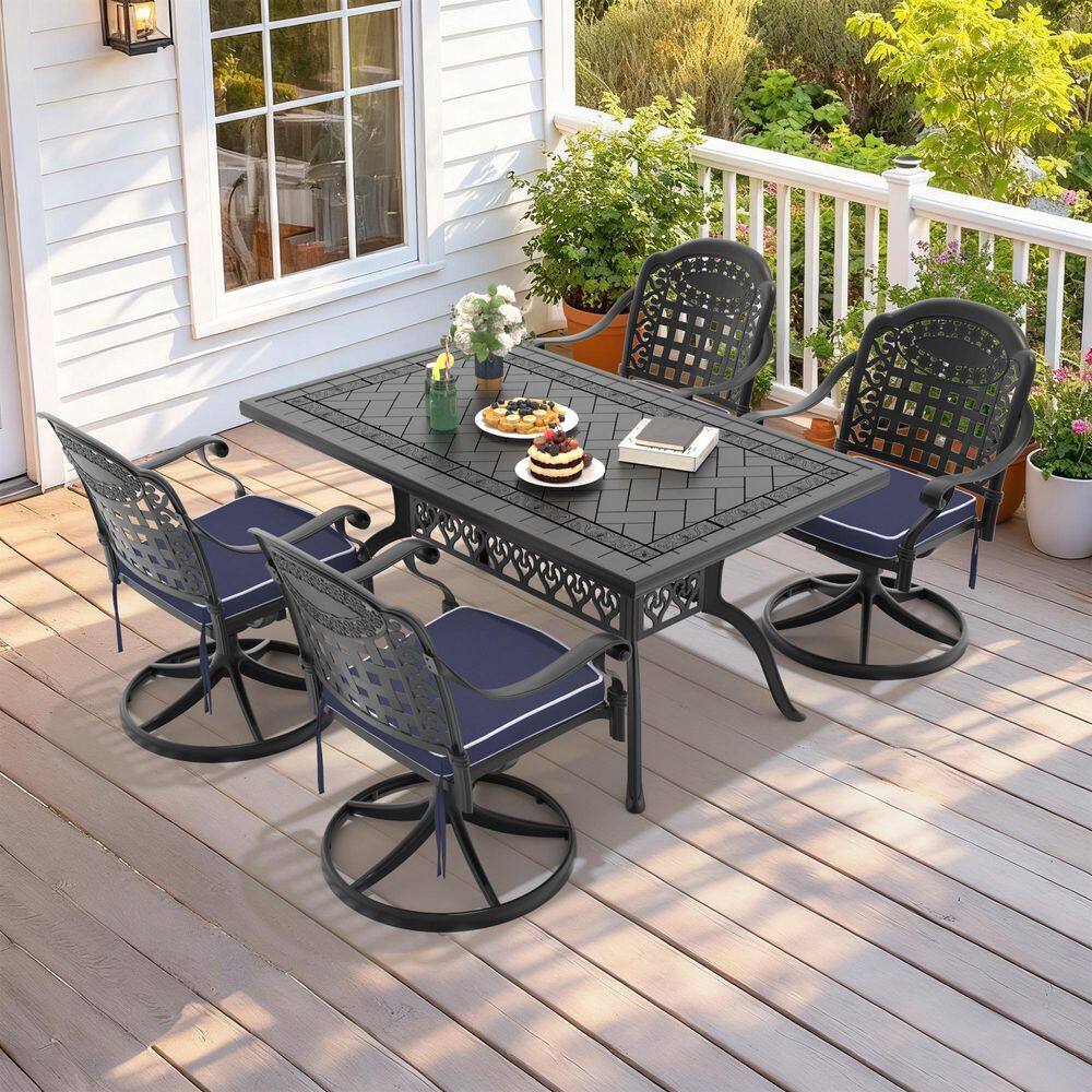 Black 5-Piece Cast Aluminum Outdoor Dining Set with 4 Swivel Rockers with Blue Cushion and Rectangular Table price history on PriceWatchPro