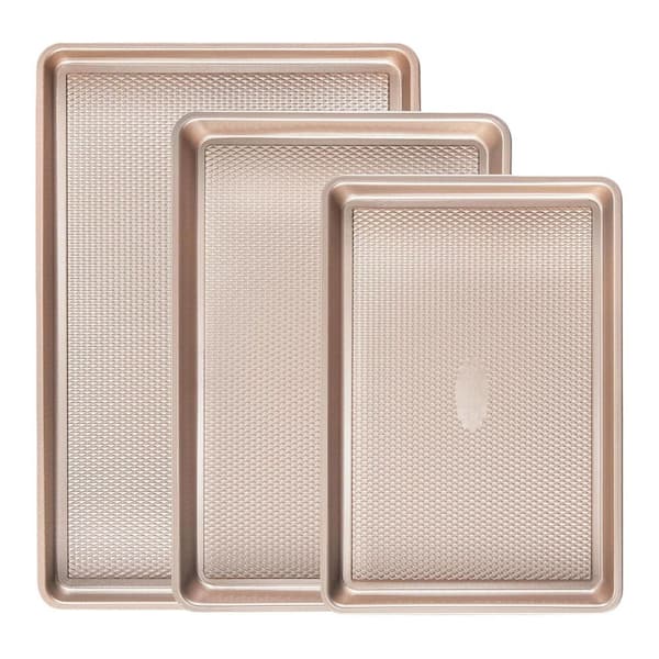 3 Pieces Champagne Gold Carbon Steel Baking Half Sheet Nonstick Pan Set for Oven Jelly Roll with Diamond Texture Pattern