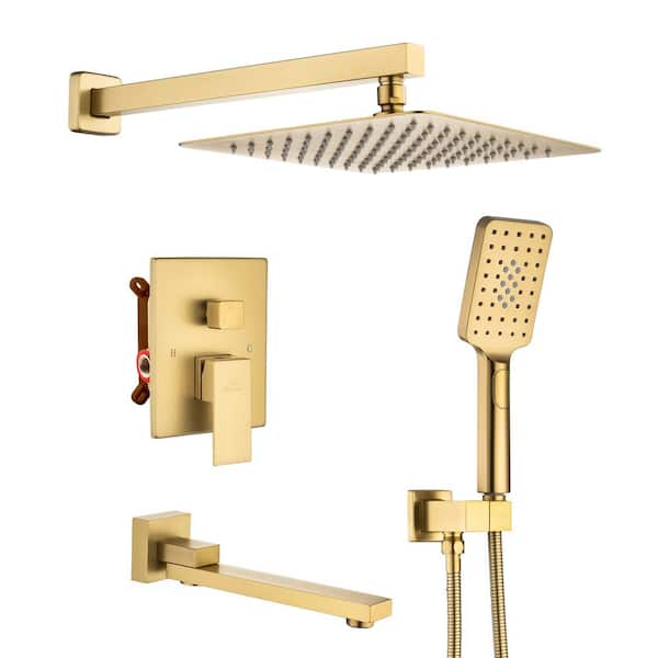 CASAINC 3-Spray Pattern 12 in Wall Mount Shower Head, Tub Spout and Functional Handheld, Brushed Gold (Valve Included)