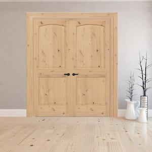 60 in. x 80 in. Universal 2P Round Top Unfinished Knotty Alder Double Prehung Interior French Door with Nickel Hinges
