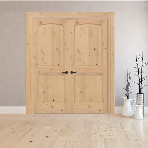 60 in. x 80 in. Universal 2-Pnl Round Top Unfinished Knotty Alder Wood Dbl Prehung Interior French Door w/ Bronze Hinges