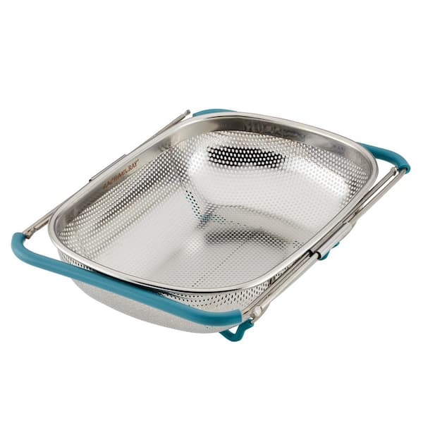 Rachael Ray Tools and Gadgets 4.5 qt. Stainless Steel Over-The-Sink Colander, Agave Blue Handles