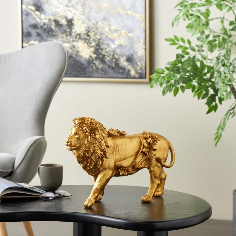 Litton Lane 18 in. x 13 in. Gold Resin Walking Lion Sculpture with