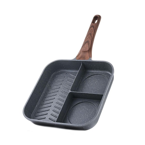 Black Die-Cast Aluminum Nonstick 3-in-1 Divided Grill Pan with Raised Ridges for Induction Gas Electric Cooktops