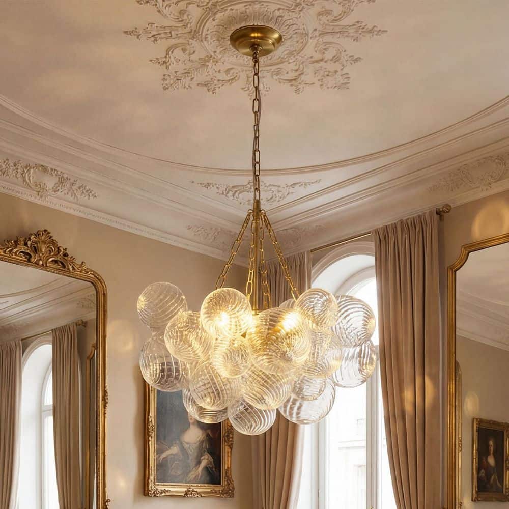 Modern 24.41 in. 3-Light Brass Bubble Ball Chandelier with Cluster Ribbed Glass Swirled Globe price history on PriceWatchPro