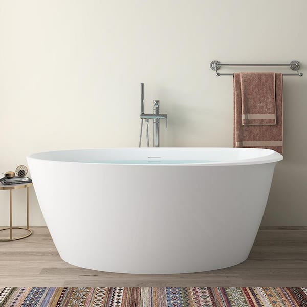 MYCASS 59 in. L x 28.74 in. W Acrylic Flatbottom Double Ended Oval Freestanding Soaking Bathtub with Right Drain in White