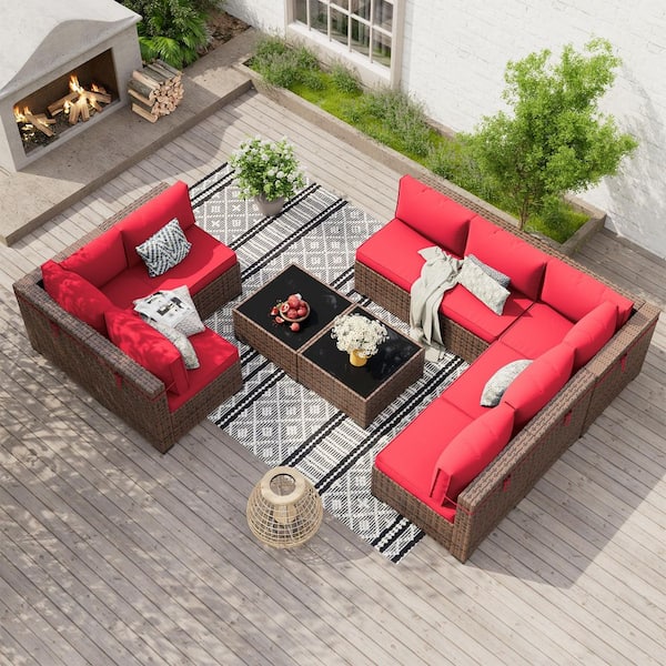 10-Piece Wicker Patio Sectional Conversation Sets With 2 Coffee Table and Bright Red Cushions