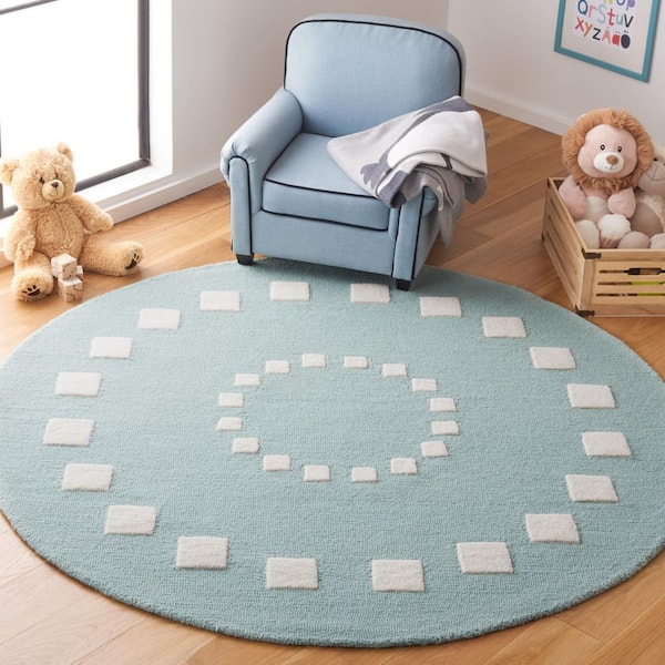 Kids 4 ft. x 4 ft. Turquoise/Ivory Geometric Border Radial Round Area Rug