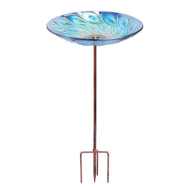 25 in Glass Bird Bath Stand with Metal Stake Peacock