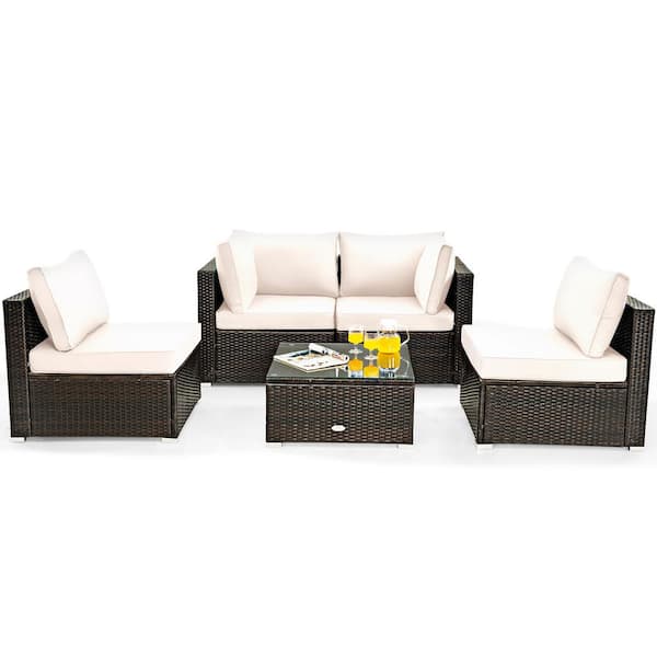 Costway 5-Piece Wicker Patio Conversation Set with White Cushions
