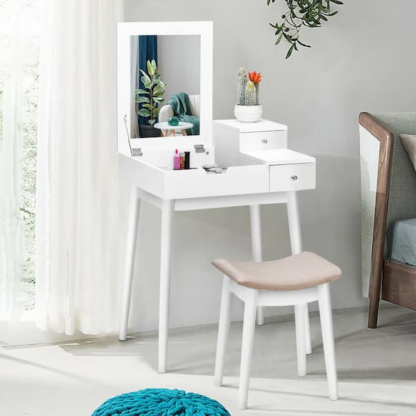 Flip Mirror Desk Furniture Stool, Mini Vanity Dressing Table