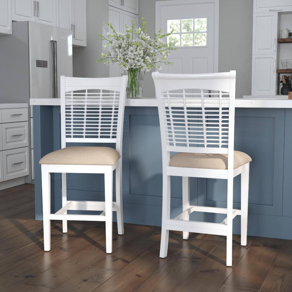 Bayberry White Wood Counter Stools with Beige Upholstery, Set of 2