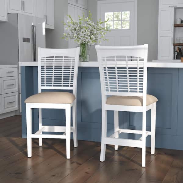 Bayberry 42.5 in. White High Back Wood24.75 in. Bar Stool with Beige Fabric