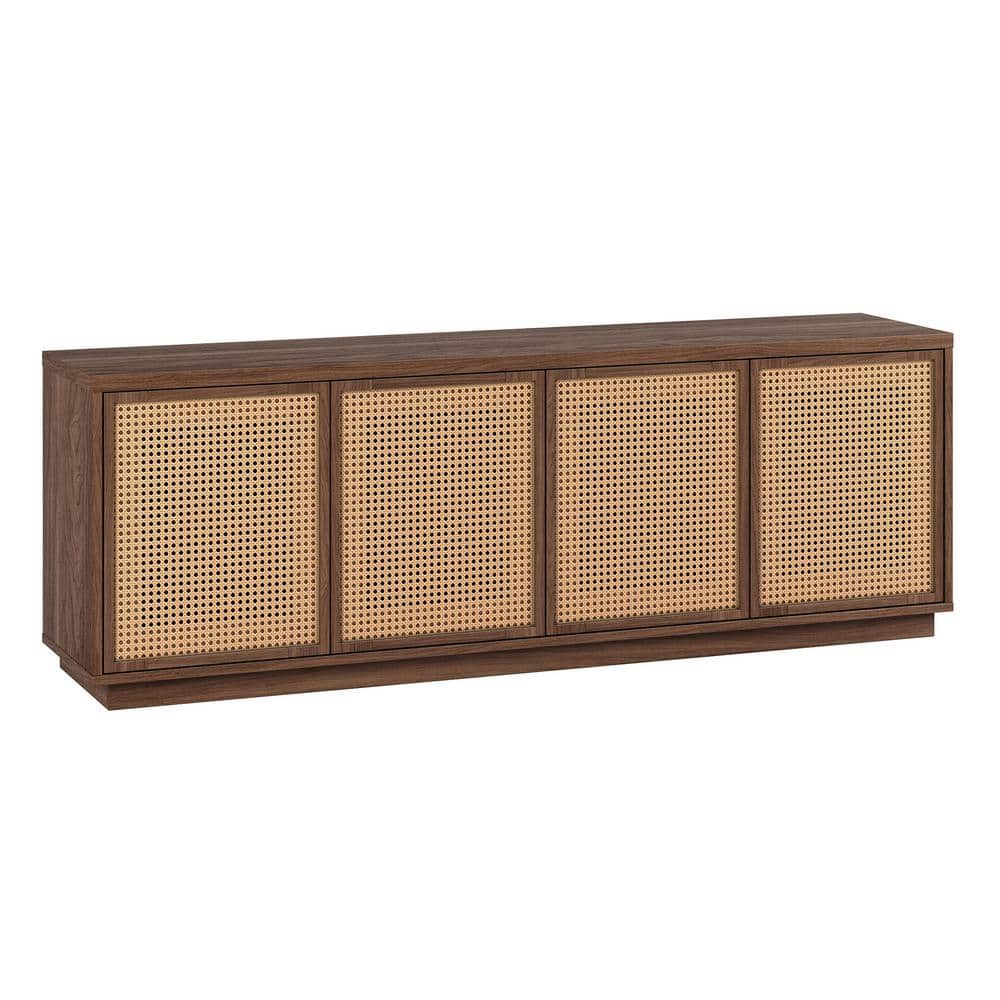 Satin Walnut Rectangular TV Stand with Faux Rattan Cabinets