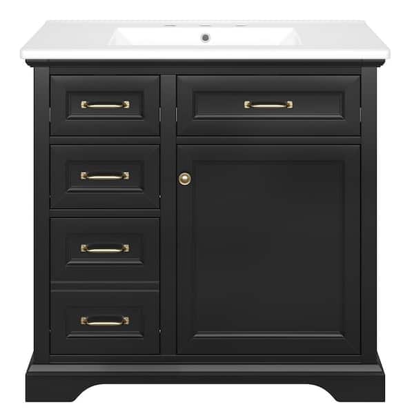 36 in. Single Sink Freestanding Black Bath Vanity with White Ceramic Sink Top