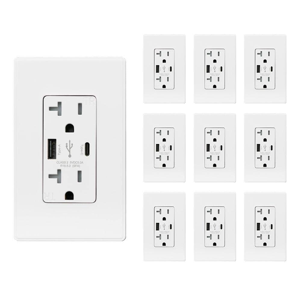ELEGRP 25-Watt 20 Amp Type A and Type C USB Wall charger with Duplex Tamper Resistant Outlet, White (10-Pack) -  R1820D50AC-WH10