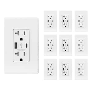 25-Watt 20 Amp Type A and Type C USB Wall charger with Duplex Tamper Resistant Outlet, White (10-Pack)
