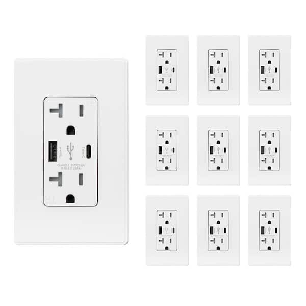 25-Watt 20 Amp Type A and Type C USB Wall charger with Duplex Tamper Resistant Outlet, White (10-Pack)
