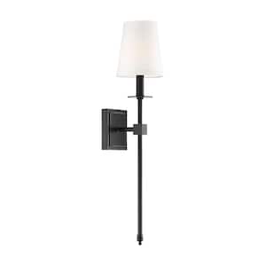 Monroe 5 in. W x 24 in. H 1-Light Classic Bronze Wall Sconce with White Fabric Shade