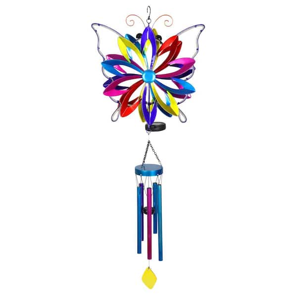 Exhart 14 in. x 42 in. Solar Double Spinner Colorful Butterfly, Metal Wind Chimes