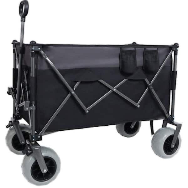Black 10.5 cu. ft. Steel Heavy Duty Folding Garden Cart with All-Terrain Wheels, Brakes, Pockets and Cup Holders