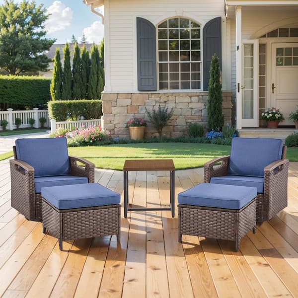 Kelsey Blue 5-Piece All-Weather Brown Wicker Outdoor Swivel Rocking Chairs with Ottomans and Side Table