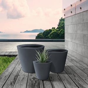 Large, Medium, Small Round Charcoal Lightweight Concrete and Weather Resistant Fiberglass Planters (Set of 3)