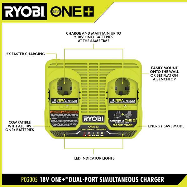 RYOBI ONE+ 18V Dual Port Simultaneous Charger with 6.0 Ah HIGH PERFORMANCE Battery (2-Pack)