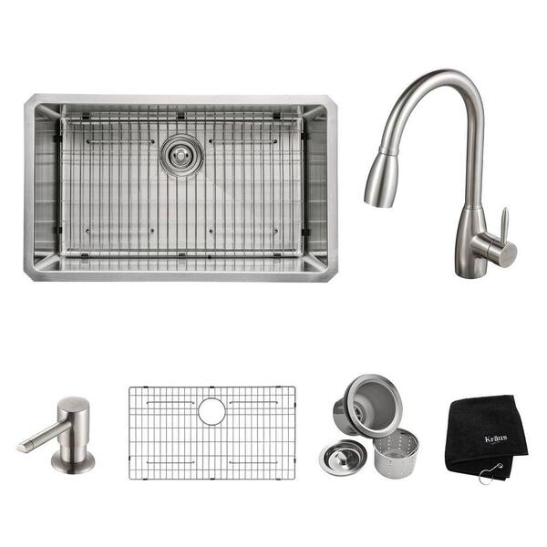 KRAUS All-in-One Undermount Stainless Steel 30 in. Single Bowl Kitchen Sink with Faucet and Accessories in Stainless Steel