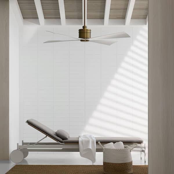 Generation Lighting Launceton 56 in. Transitional Indoor/Outdoor Antiqued Brass Ceiling Fan with Matte White Blades and Remote Control