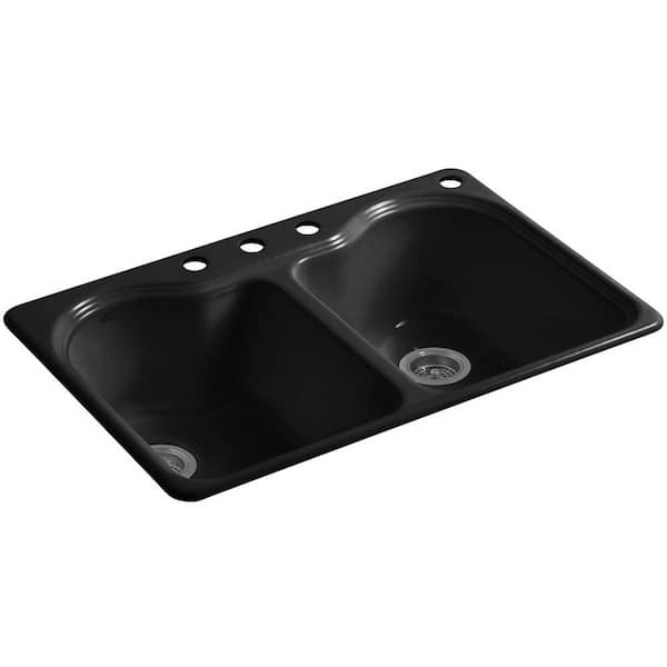 KOHLER Hartland Drop-In Cast Iron 33 in. 4-Hole Double Bowl Kitchen Sink in Black Black