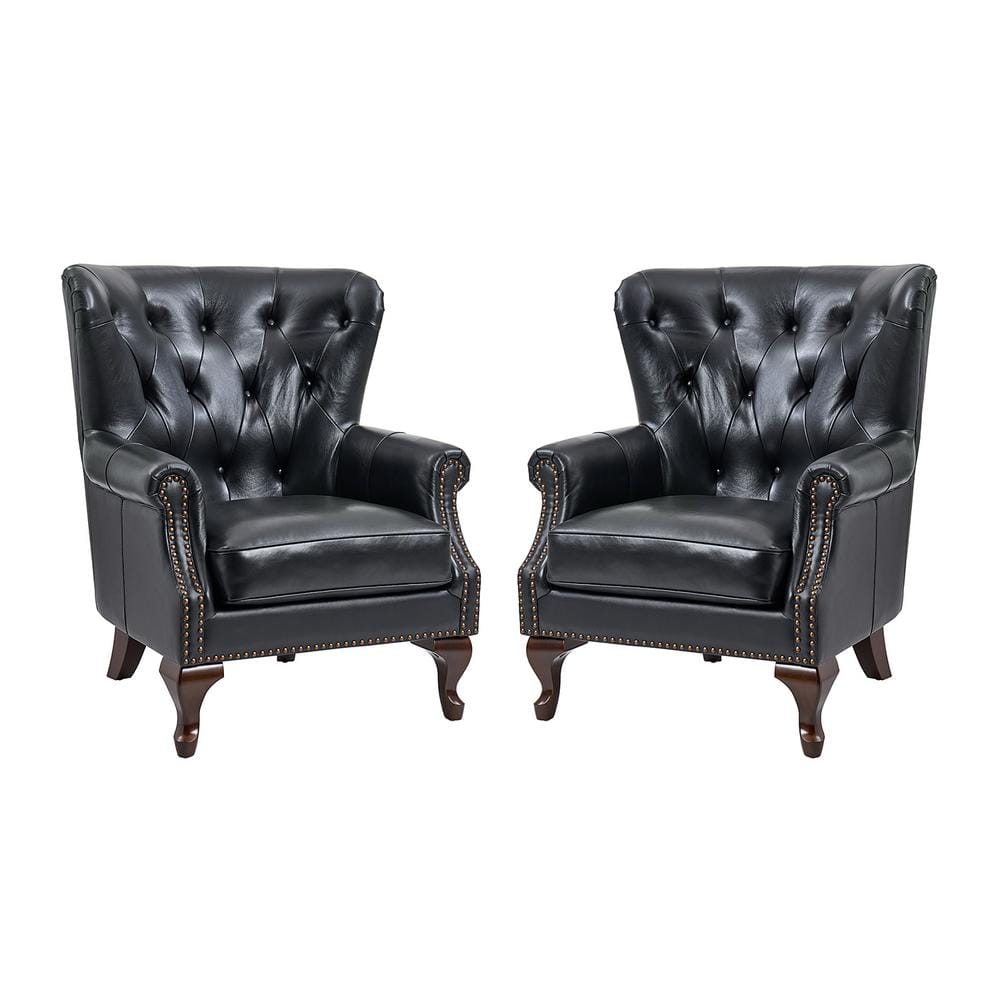 JAYDEN CREATION Eberhard Black Genuine Leather Arm Chair with Nailhead Trims and Removable