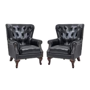 Eberhard Black Genuine Leather Arm Chair with Nailhead Trims and Removable Cushion Set of 2