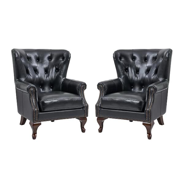 JAYDEN CREATION Eberhard Black Genuine Leather Arm Chair with Nailhead Trims and Removable Cushion Set of 2